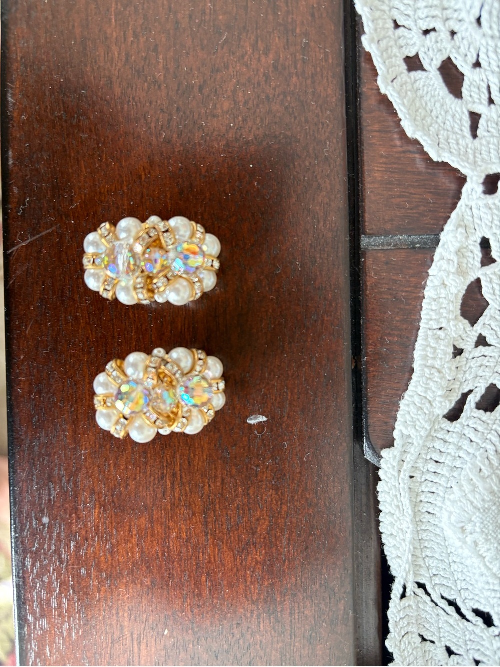 Gold Tone Faux Pearl & Aurora Rhinestone Clip Earrings